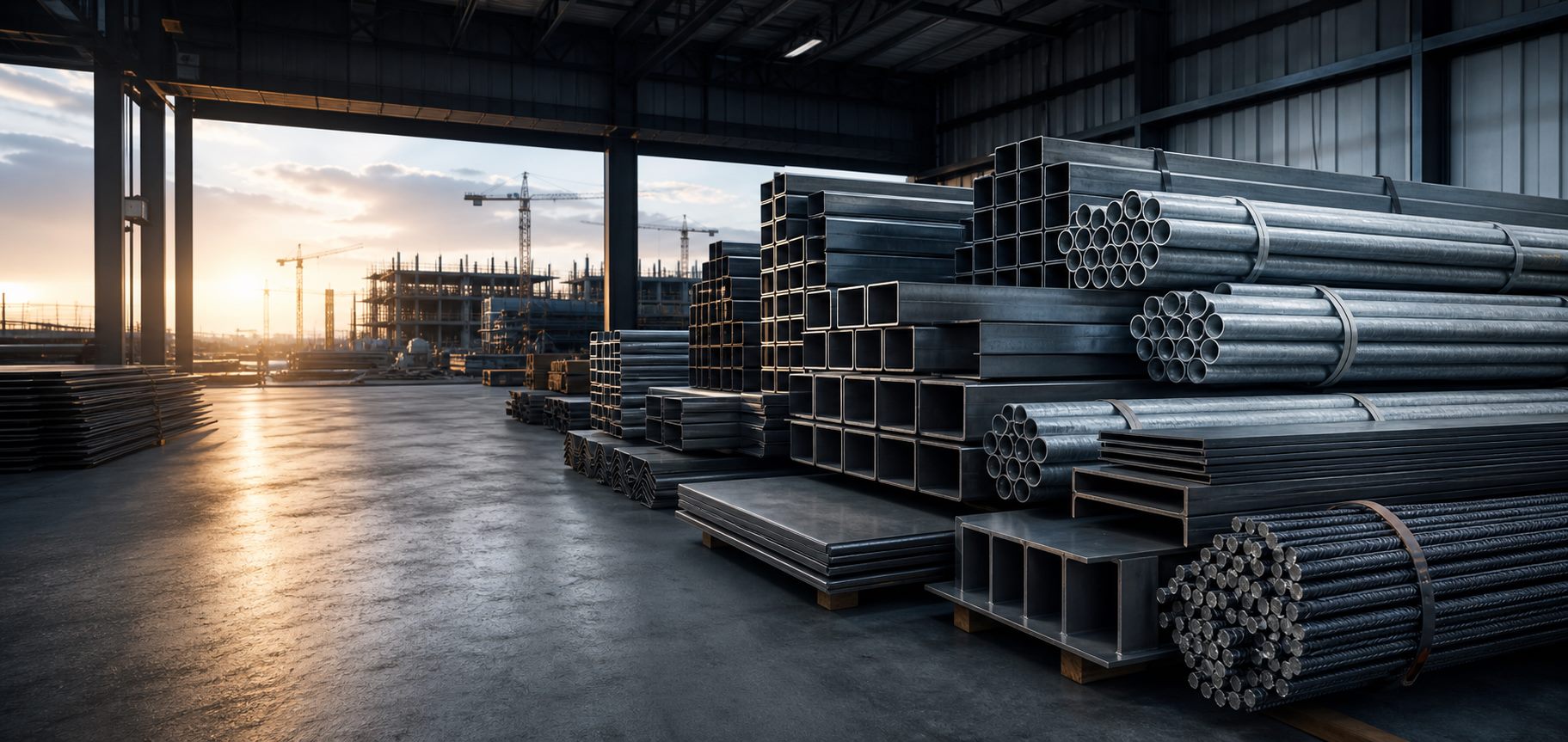 Illustrative steel materials and industrial storage scene